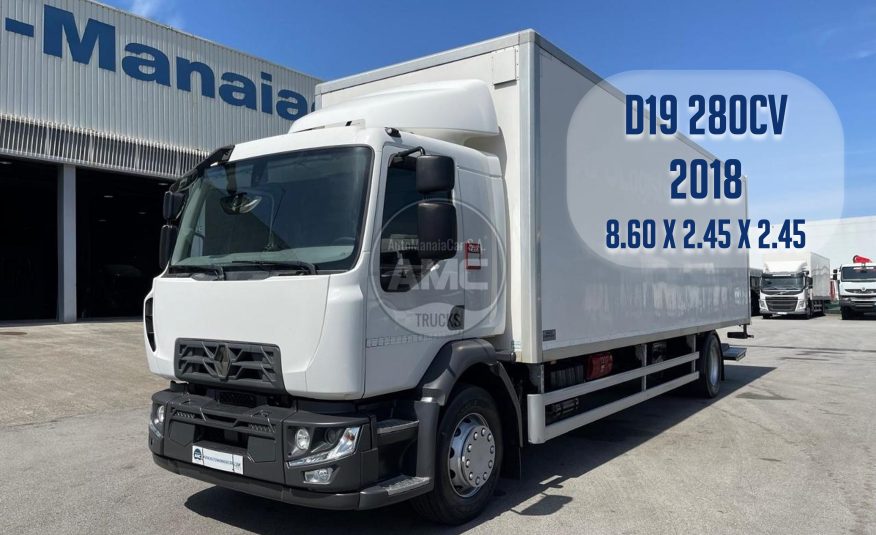 RENAULT D19 280 EURO6 4X2 2018, CAIXA FECHADA 8.60 X 2.45 X 2.45