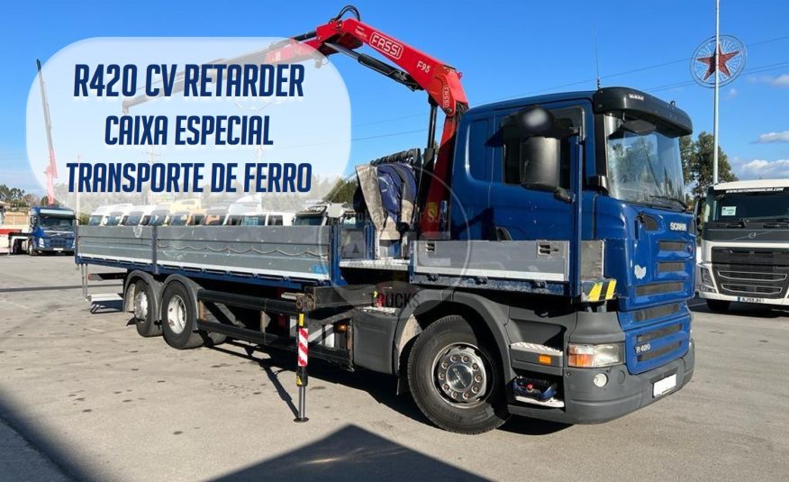 SCANIA R420 6X2 EURO5 RETARDER ESPECIAL TRANSPORTE FERRO COM GRUA FASSI F95A